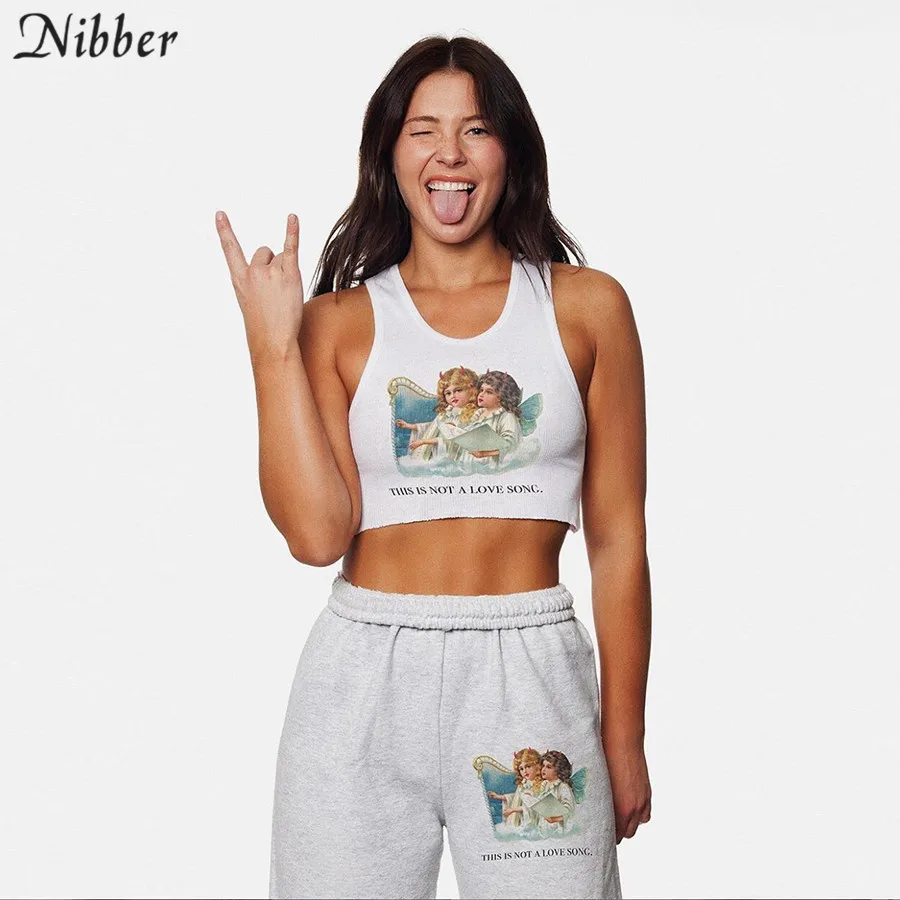 Nibber милый Ангел печати белый кроп-Топ летняя футболка Женские camis модные Базовые Футболки без рукавов Женские повседневные топы на бретелях