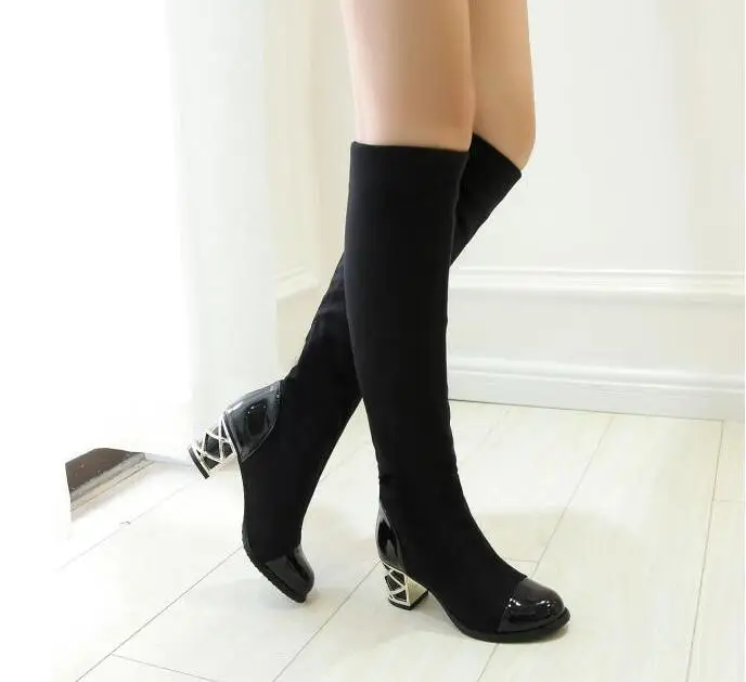 New Nice Japanned Leather Patchwork Knee High Women Motorcycle Boots Elastic Thick Heel Riding Shoes Woman Big Size 26-62 | Обувь