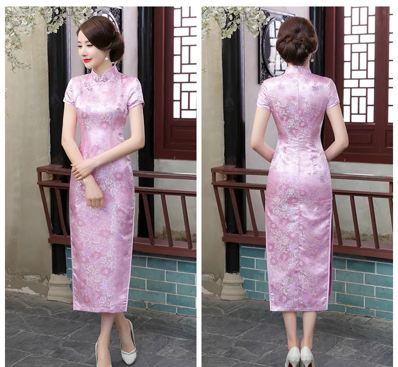 Летнее женское длинное китайское традиционное платье Vintga Cheongsam шелковое
