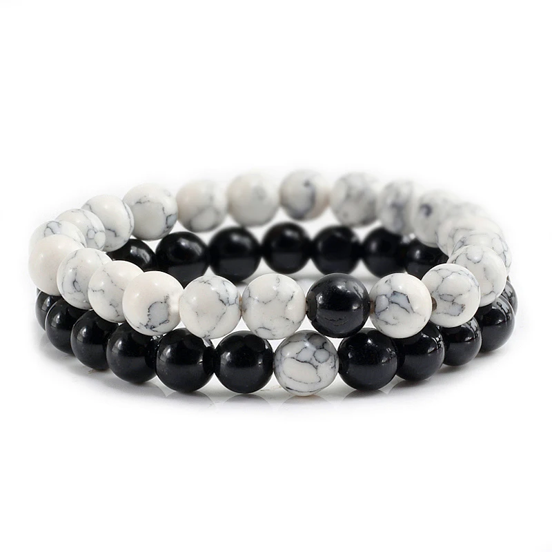 White-Black Новая одежда для маленькой девочки 2 шт./компл. бирюзой Парные браслеты Для мужчин Натуральный камень из бисера браслет и регулируемые эластичные Кожаные Веревки Для женщин ювелирные изделия - Окраска металла: White-Black