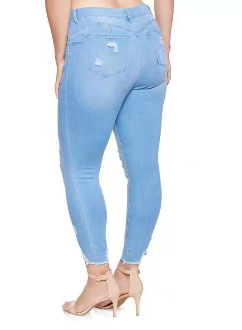 Женские рваные джинсы большого размера сексуальные с высокой талией Узкие синие