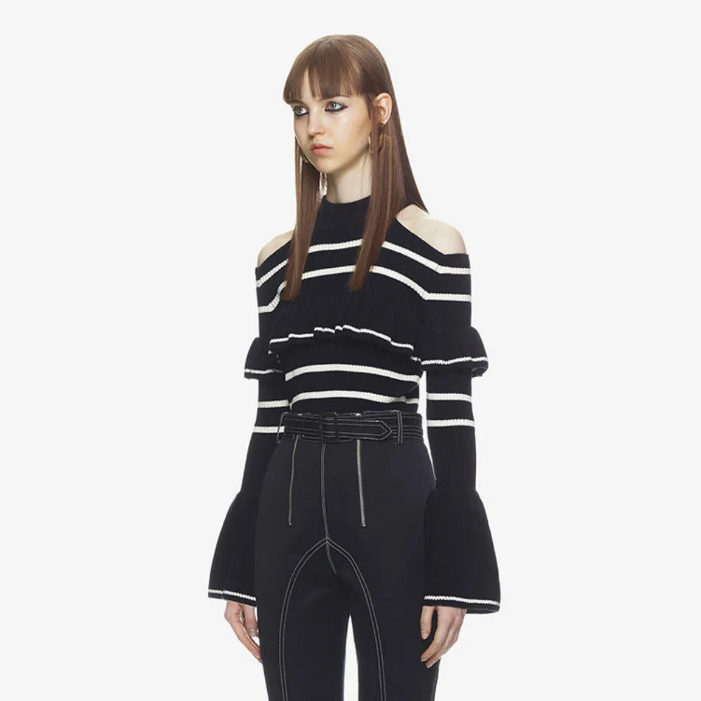 Sexy Off Shoulder Women's Striped Sweaters Ruffle Pullover 2018 Spring Female Personality Tops Flare Sleeve Self Portrait Jumper | Женская