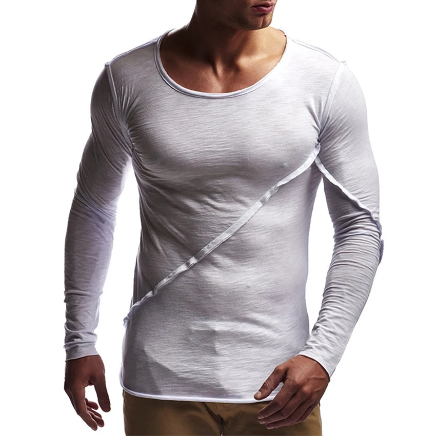 

Футболка мужская приталенная однотонная, модная хипстерская рубашка с длинным рукавом, топ в уличном стиле, осень