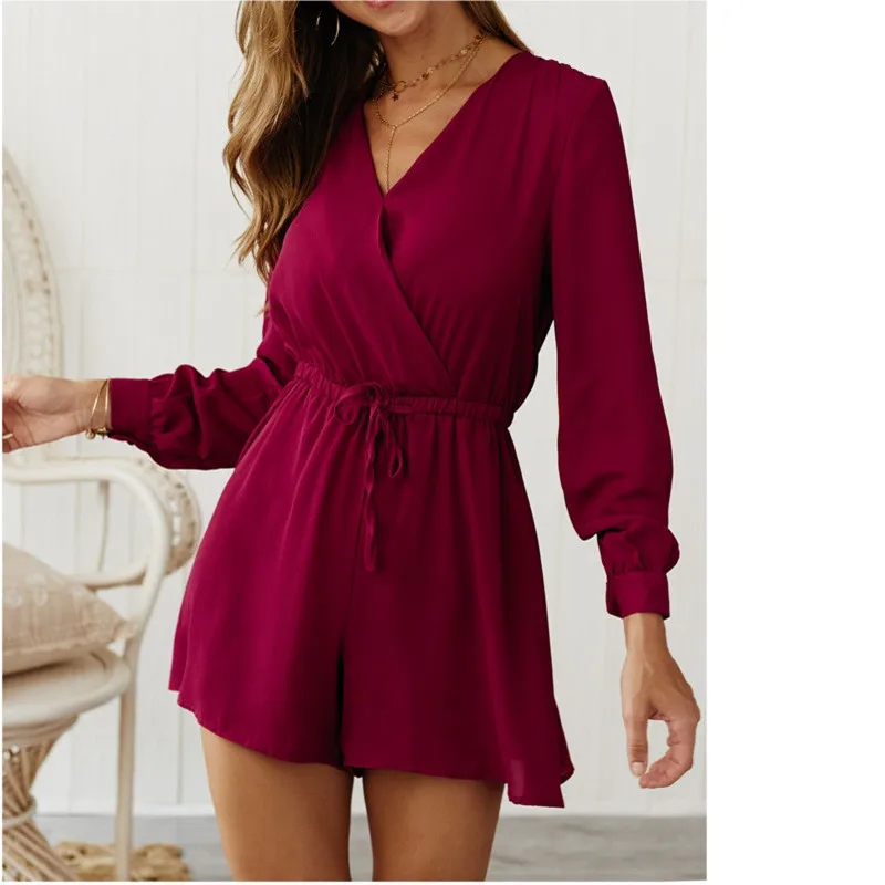 Женский Облегающий комбинезон с v образным вырезом короткий однотонный длинными