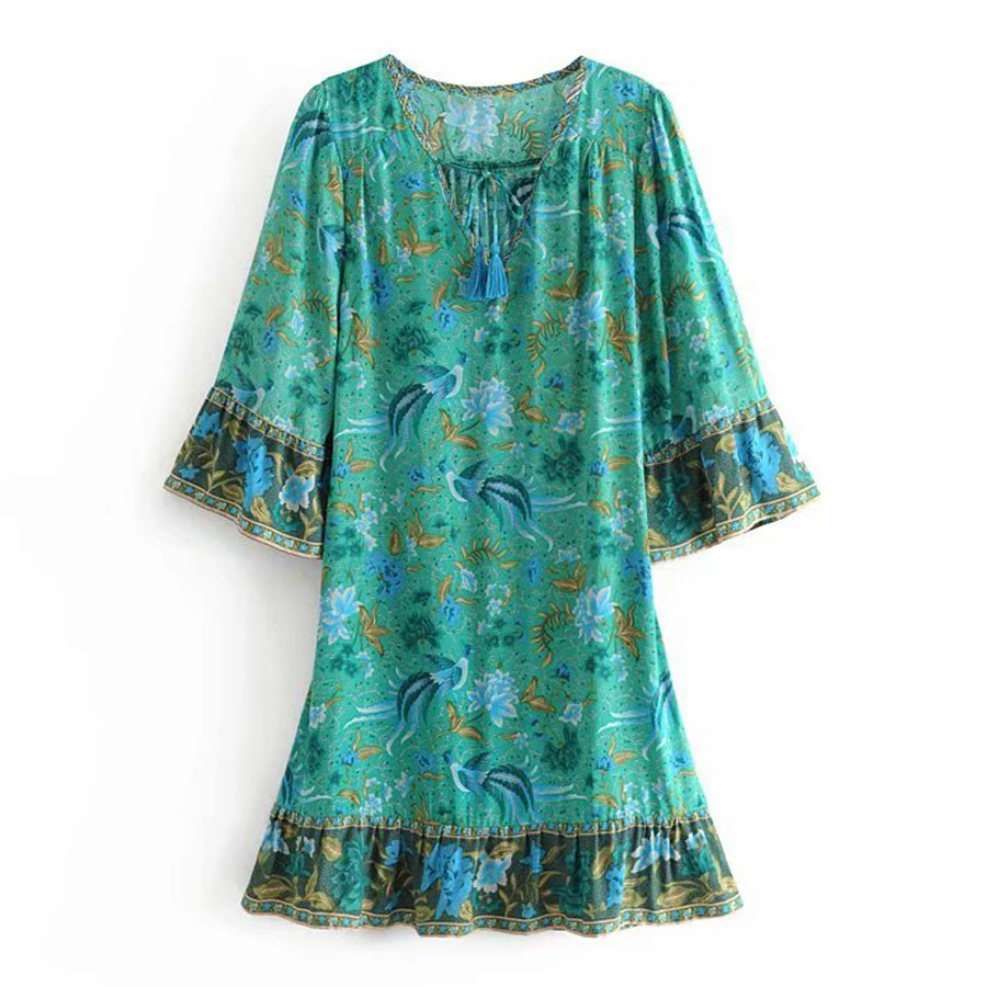 TEELYNN mini dresses for women flare sleeve Malachite green BOHO Dresses rayon ILONA Forest floral print summer Dresses vestido