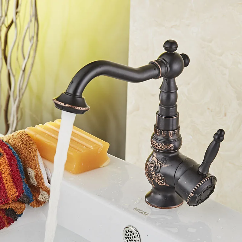 ORB черный антикварный латунный кран для ванной комнаты с резьбой по раковине