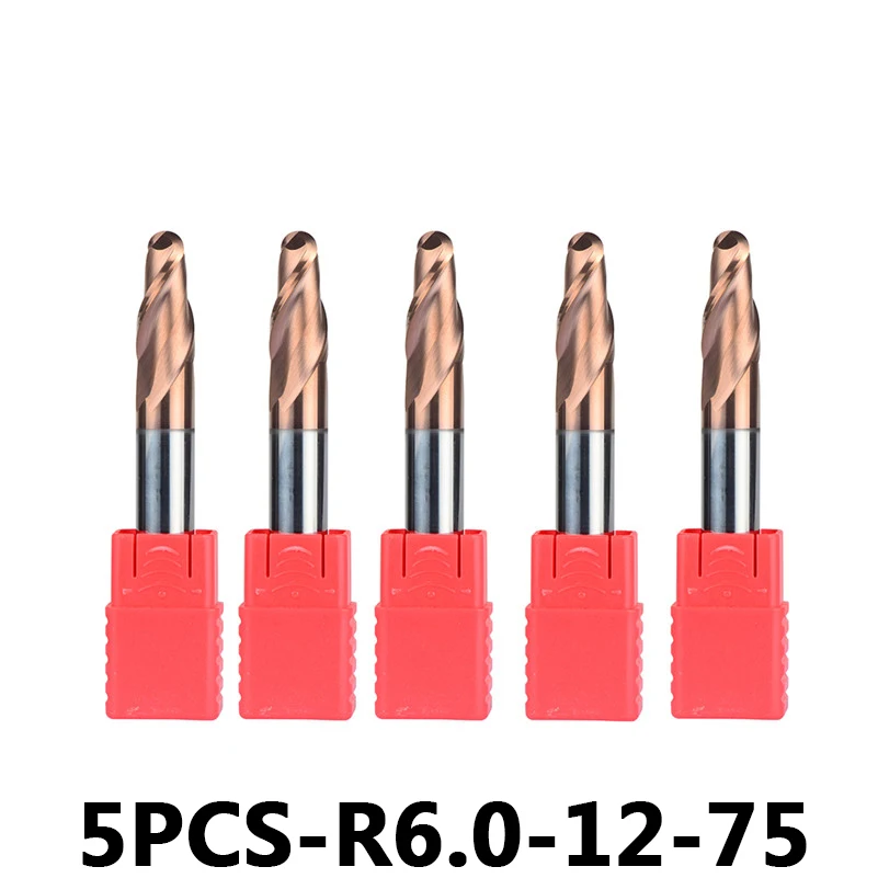 

Tungsten Steel Ball Nose End Mills 5pcs/lot R6-12-75 HRC55 With Straight Shank 2-Flute Ball Head Milling Cutters Router Bits