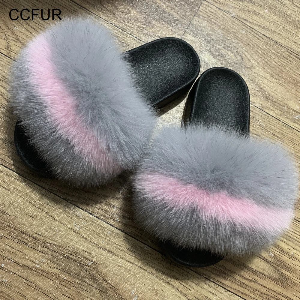 CCFUR New Colors Summer Slides Women's Real Fox Fur Slippers Fluffy Fur Sliders Mixed Color Fashion Lady S6048