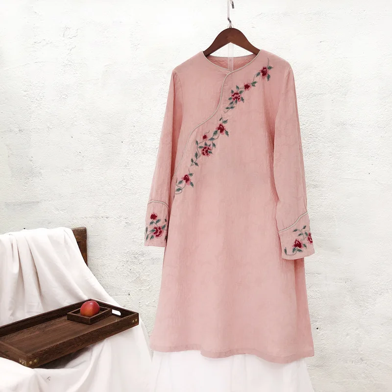 Cotton Linen Female Long Sleeve Retro Literary Embroidery Spring National Wind Dress Round Neck A-Line Dresses |
