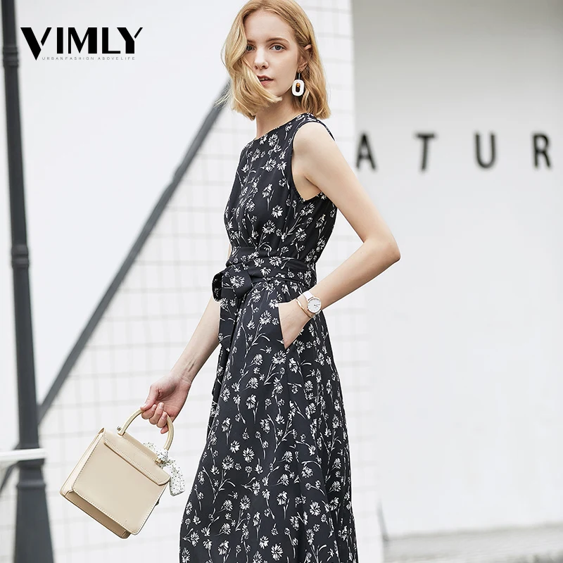 Vimly шифоновое платье с принтом, летнее женское черное платье без рукавов с цветочным принтом, элегантные платья трапециевидной формы с высокой талией, модная уличная одежда