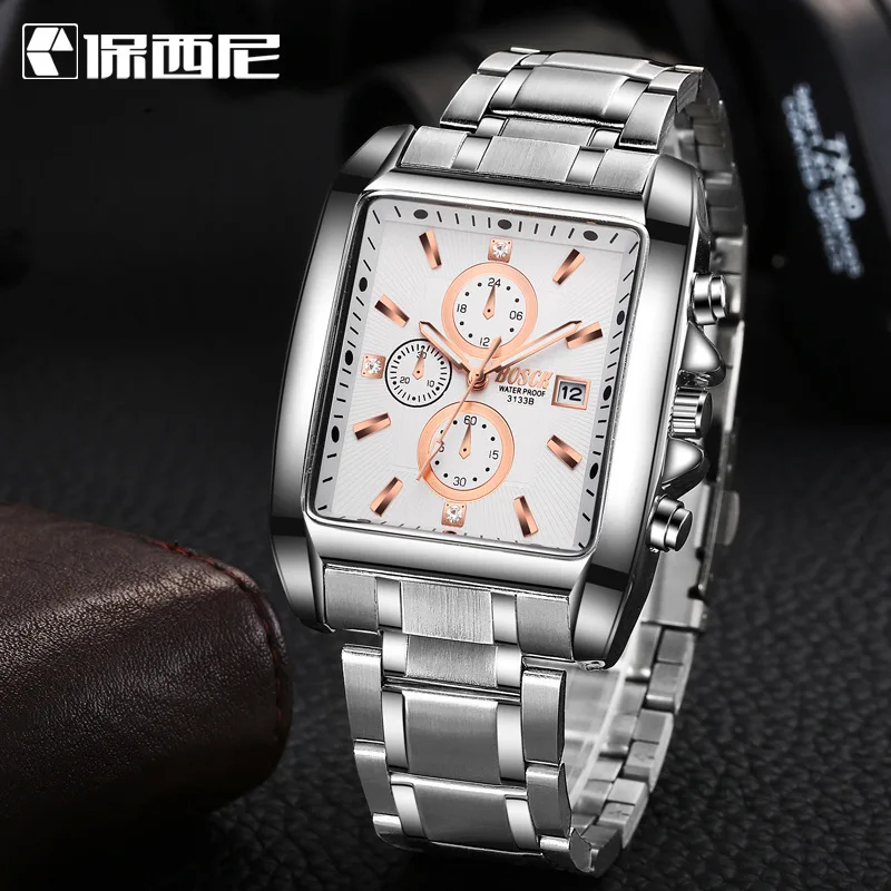 Часы мужские Новинка 2017 прямоугольный полный стали Кварцевые часы модный бренд