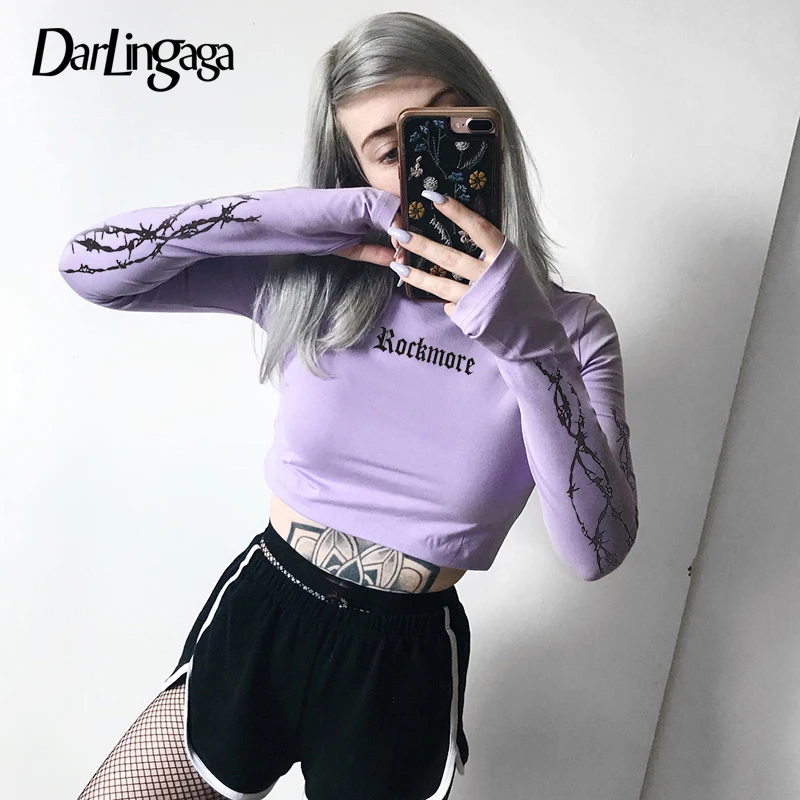 Darlingaga Хлопок Мода туника с длинными рукавами женская футболка slim crop top tee принт для женщин футболка s Весна одежда обрезанные