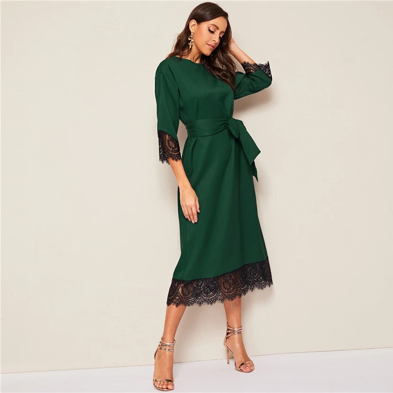 SHEIN стильный абайя зеленый ресницы кружева подол поясом длинное платье-туника Женские Элегантные Твердые Лето Осень офисные женские прямые платья