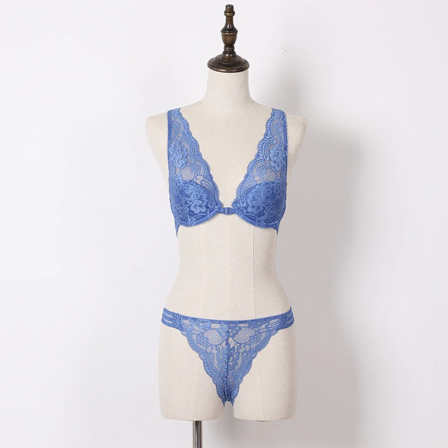 blue Front Closure Backless Bra Floral Lace Bra with Tong Set Underwear Women Lingerie Full Cup Deep Plunge Brassiere - Цвет: blue