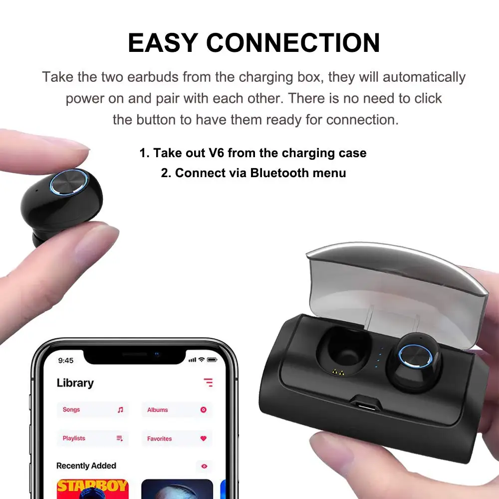Беспроводные наушники V6 Bluetooth 5 0 со встроенным микрофоном стерео звук 100 часов