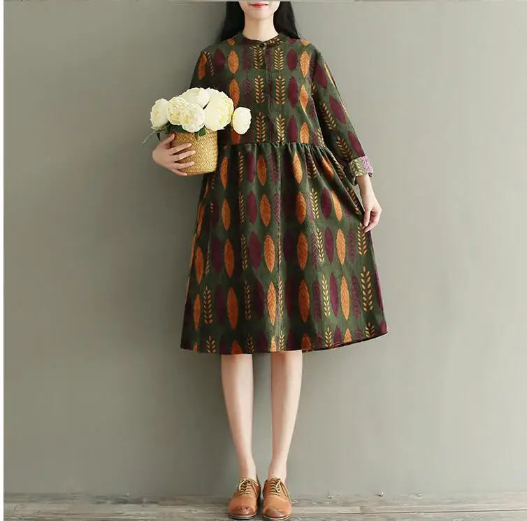 2017 зимнее женское платье теплое винтажное вельветовое с цветочным принтом