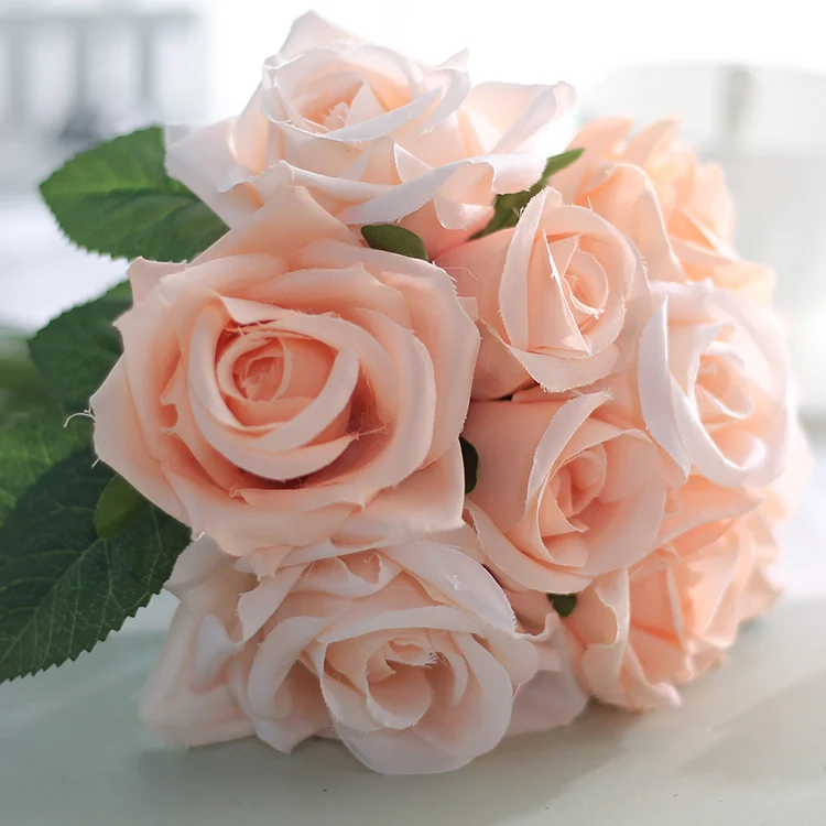 champagne pink Luyue 9 головок шелковая искусственная Роза цветок Свадебный букет невесты цветок розы Имитация венка гирлянды растение домашний декор - Цвет: champagne pink