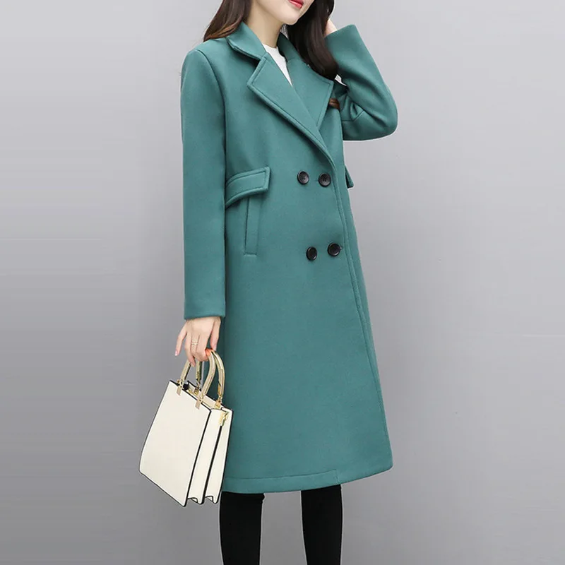 Женское длинное зимнее пальто свободное двубортное шерстяное с отложным