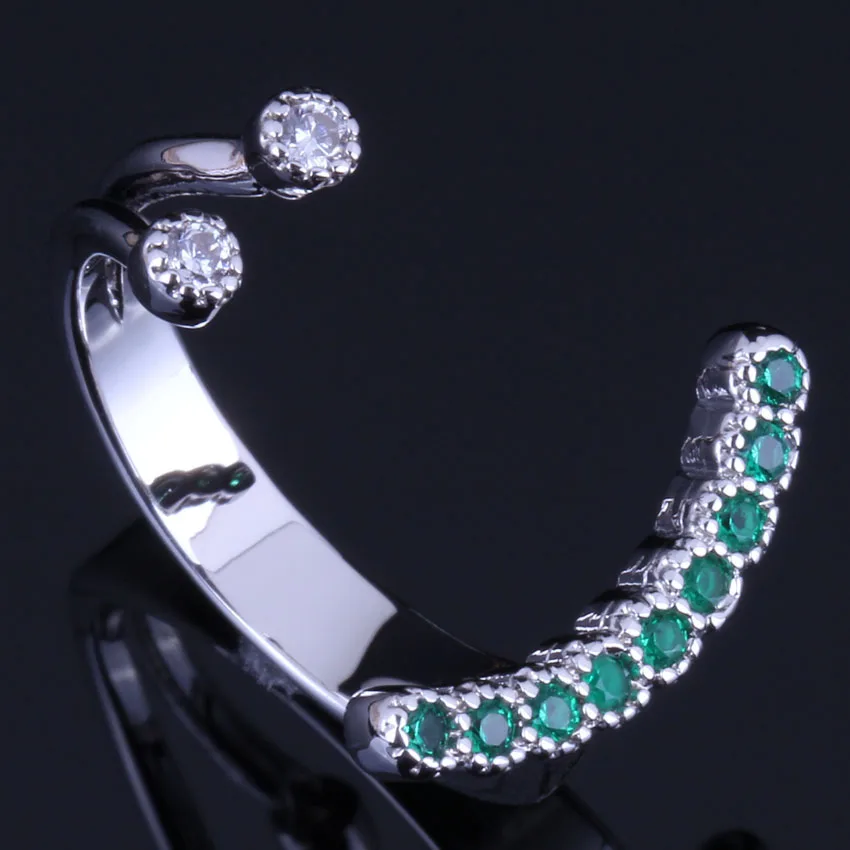 

Cute Smile Green Cubic Zirconia White CZ Silver Plated Open Ring V0665
