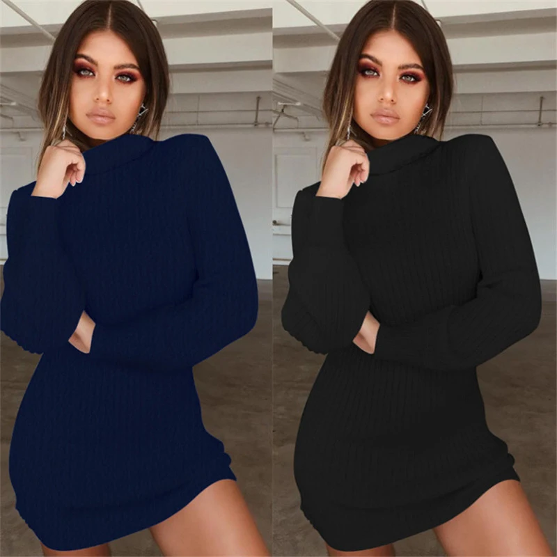 2018 Новый осень зима Для женщин платья моде тонкая водолазка хлопковое платье