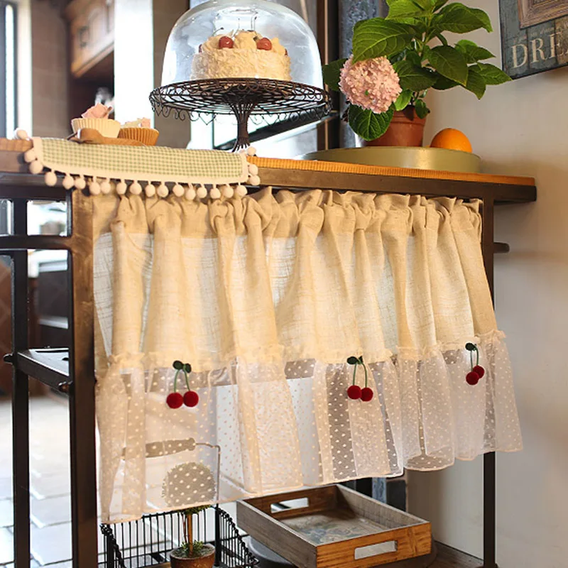 1 PCS Rod Pocket Cherry Lace Half Curtain Living Room Divided Beige Linen Short Curtain Kitchen Cabinet Cafe Drapes Home QT048D3