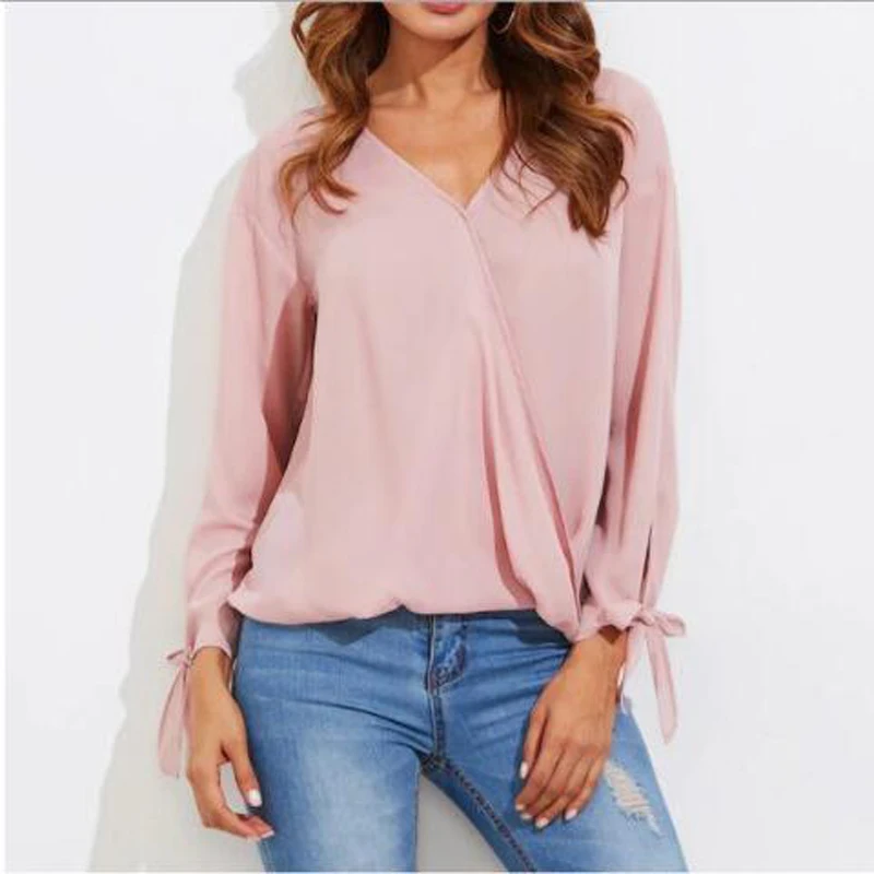 

Summer Women Casual Chiffon Blouse Solid V Neck OL Tops 2019 Fashion Woman Plus Size Blouses Chiffon Shirt Tops