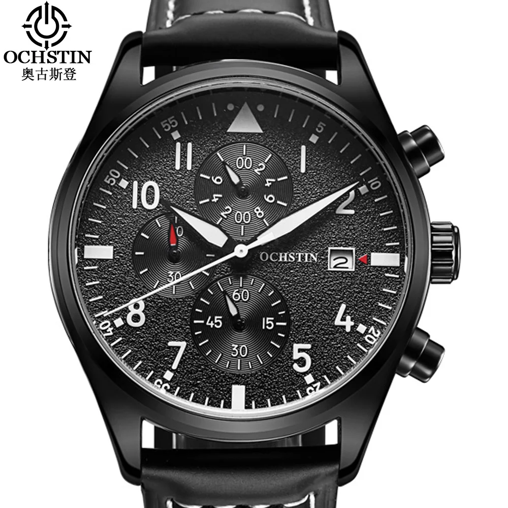 

OCHSTIN Unique Chronograph Watches Men Luxury Brand Military Sports Watch Genuine Leather Quartz Wrist Watch Relogio Masculino