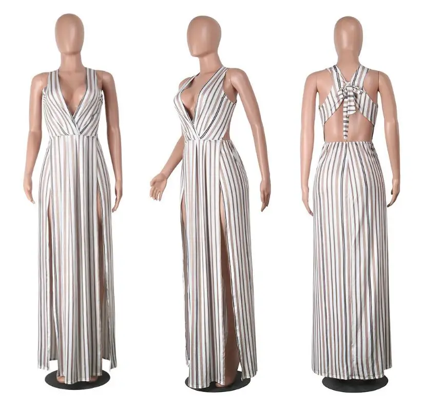 2017 новое модное летнее макси платье в полоску с глубоким v образным вырезом и открытой спиной Пляжное Платье