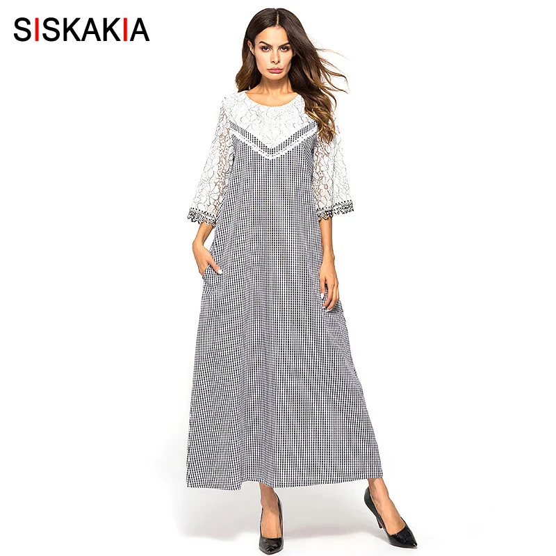 Siskakia, длинное платье макси, клетчатое, лоскутное, кружевное, дизайнерское, тонкое, свободное платье, повседневное, с вырезами, с расклешенными рукавами, для женщин, платья, Израиль, серый