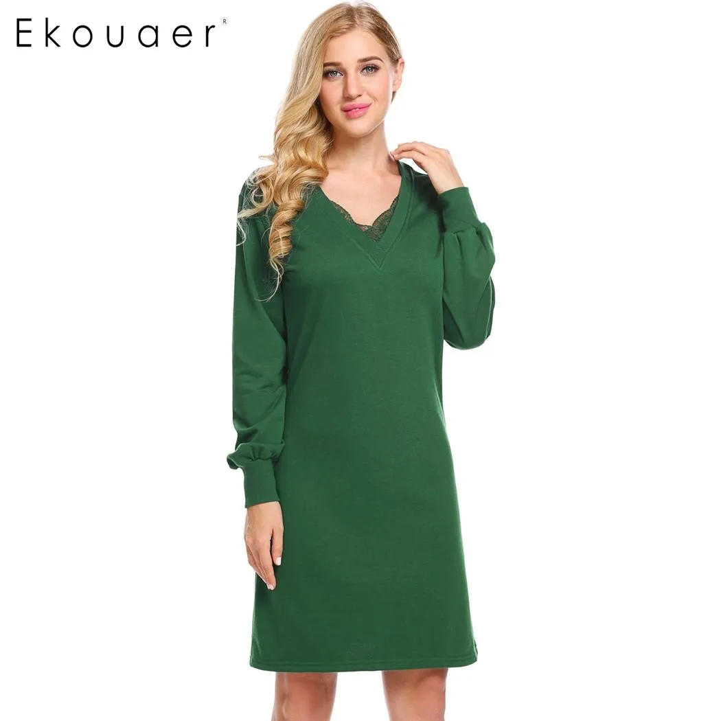 Женская ночная рубашка с длинным рукавом и V образным вырезом|long nighty dress|sleepwear women