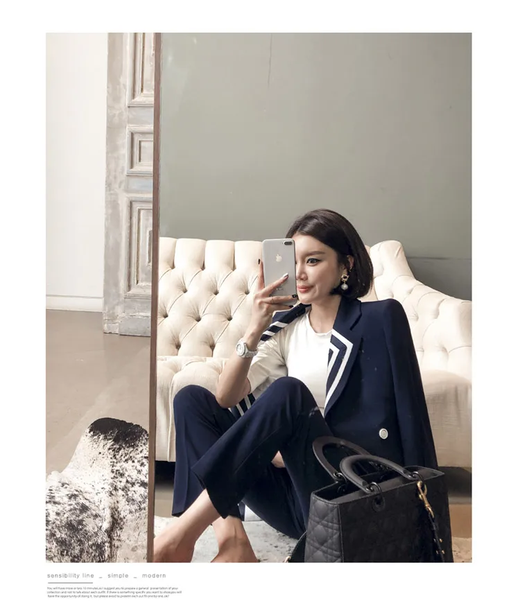 H Han queen/ корейский стиль, 2 предмета, двубортная верхняя одежда с вырезом, пальто с высокой талией, длинные штаны, деловая одежда для работы