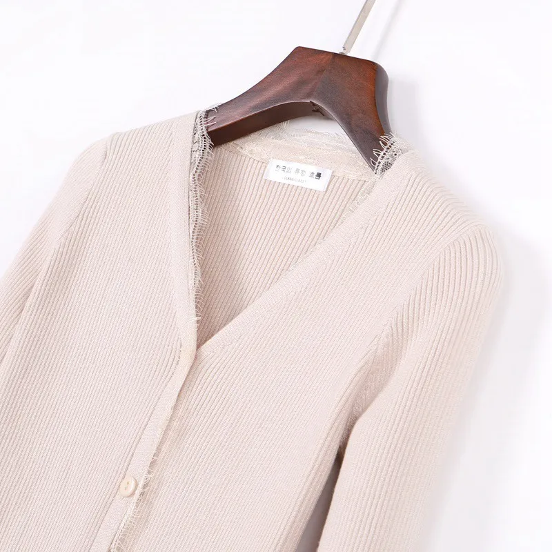GIGOGOU Spring Autumn Open Women Cardigans 2019 Sexy V Neck Sweater Coat Long Sleeve Slim Solid Lace Hitz Air Jacket |