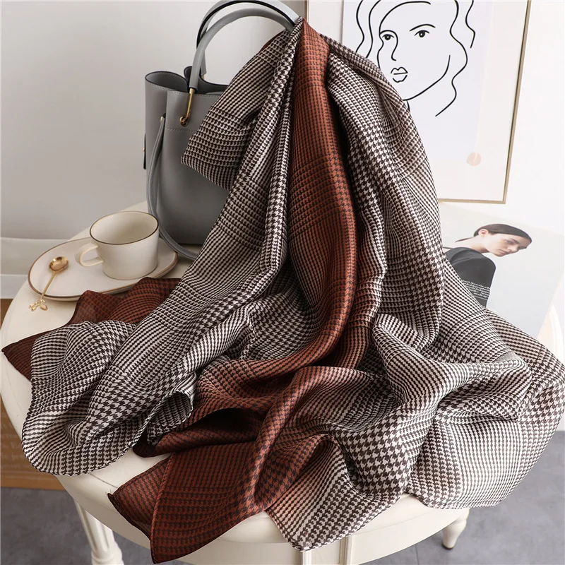 Women Silk scarf Beach Shawl Echarpe Luxurious Wrap Designer scarves female Houndstooth panshmina beach stole bandana | Аксессуары для