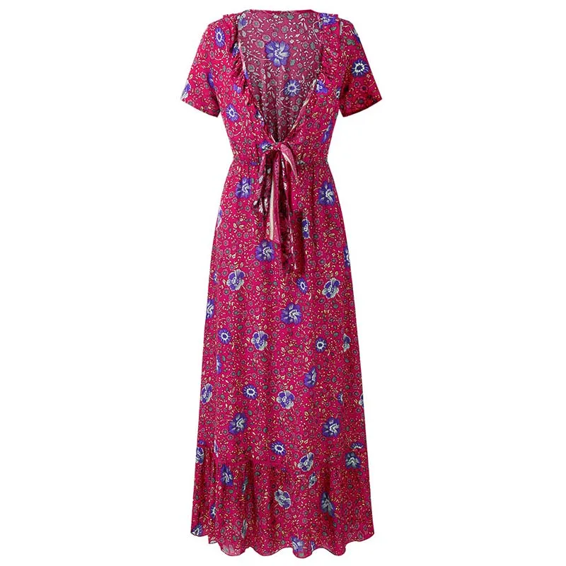 

Echoine Casual Boho Style Floral Print Maxi Dress Deep V-neck Short Sleeve Bandage Dress 2019 Summer Women Beach Dress