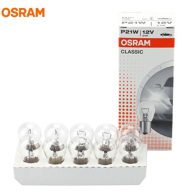 10 шт. OSRAM 7506 P21W S25 BA15s 12 в 21 Вт Оригинальные металлические основы для указателей