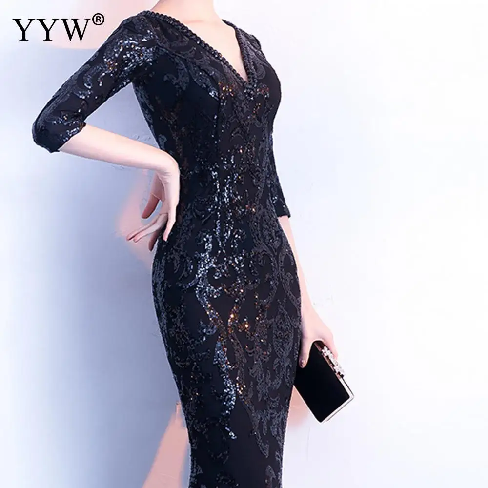 Sequin сексуальное вечернее платье с v-образным вырезом женское платье с полурукавом и вырезом на спине длинное платье в обтяжку женское сексуальное платье De Soiree элегантные платья