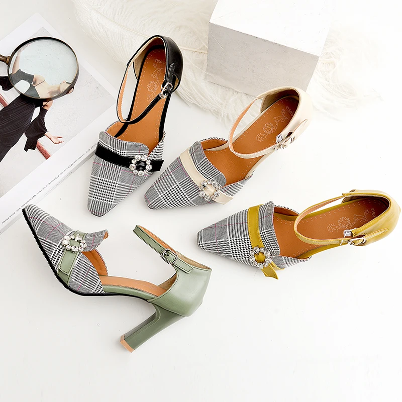 

Spring Summer Shoes Woman Sandals Plaid High Heels Women Dress Shoes Slingbacks Pumps Pointed Toe ladies shoe zapatos mujer