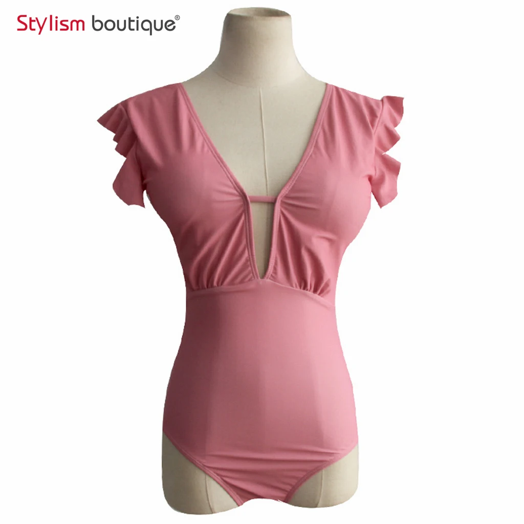 2018 розовый цельный купальник женский с глубоким вырезом v-образный вырез сзади