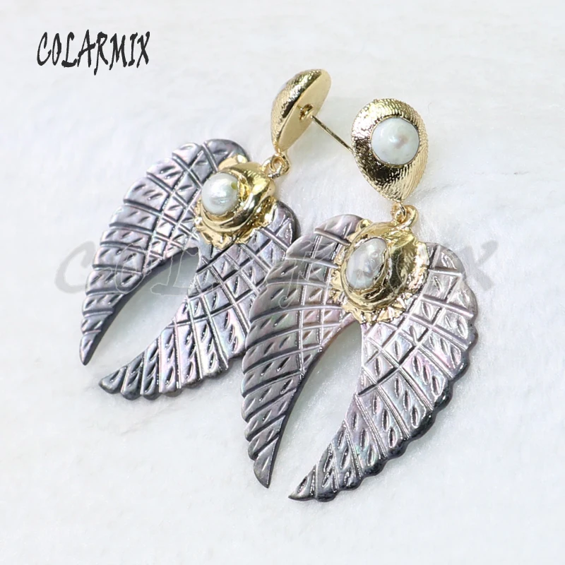 2Pairs Wing shape shell earrings gift for lady gray shells natural jewelry 9027 | Украшения и аксессуары