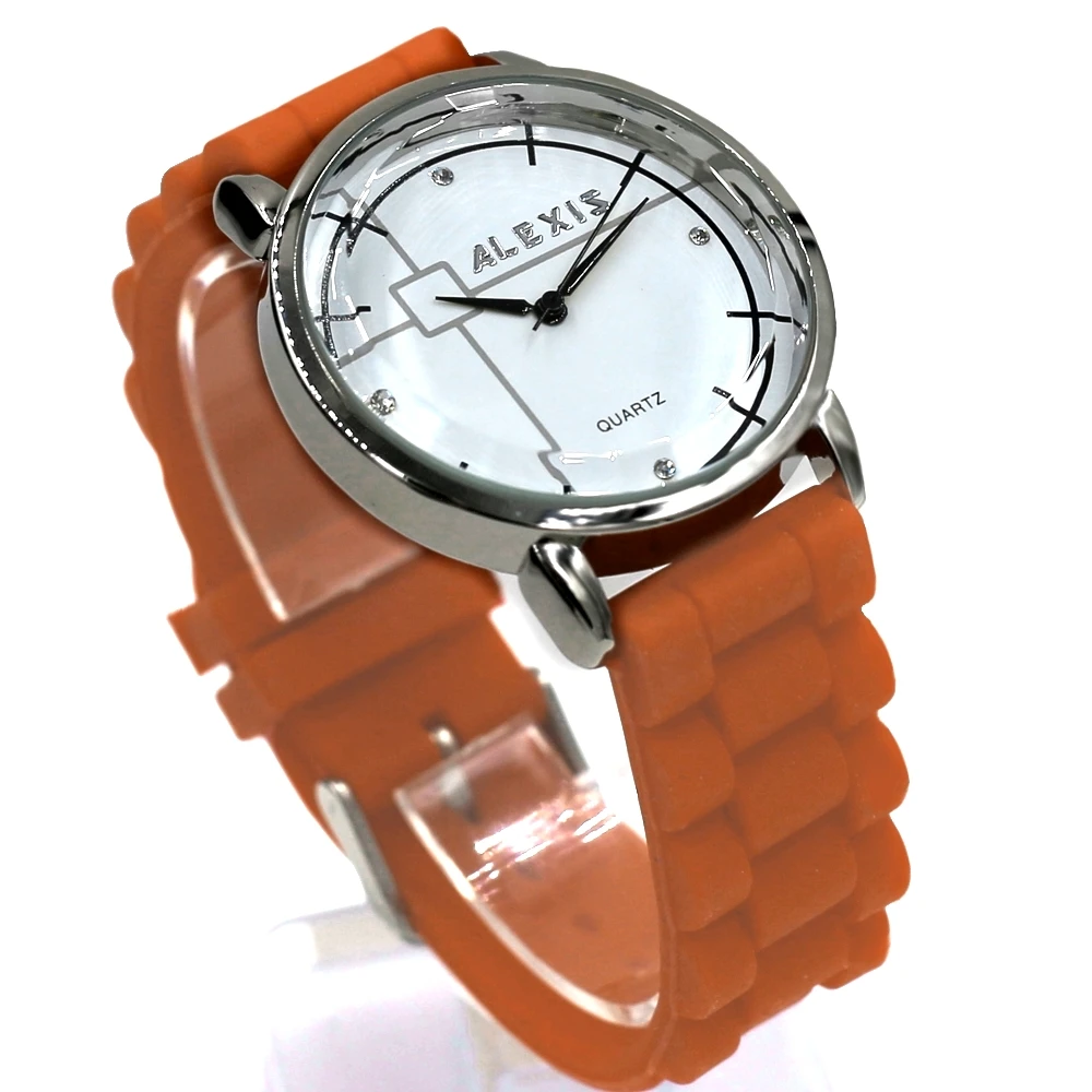 

ALEXIS Round Analog Wrist Watches For Ladies Girls White Dial Shiny Silver Watchcase Silicone Jelly Rubber Orange Band FW824J