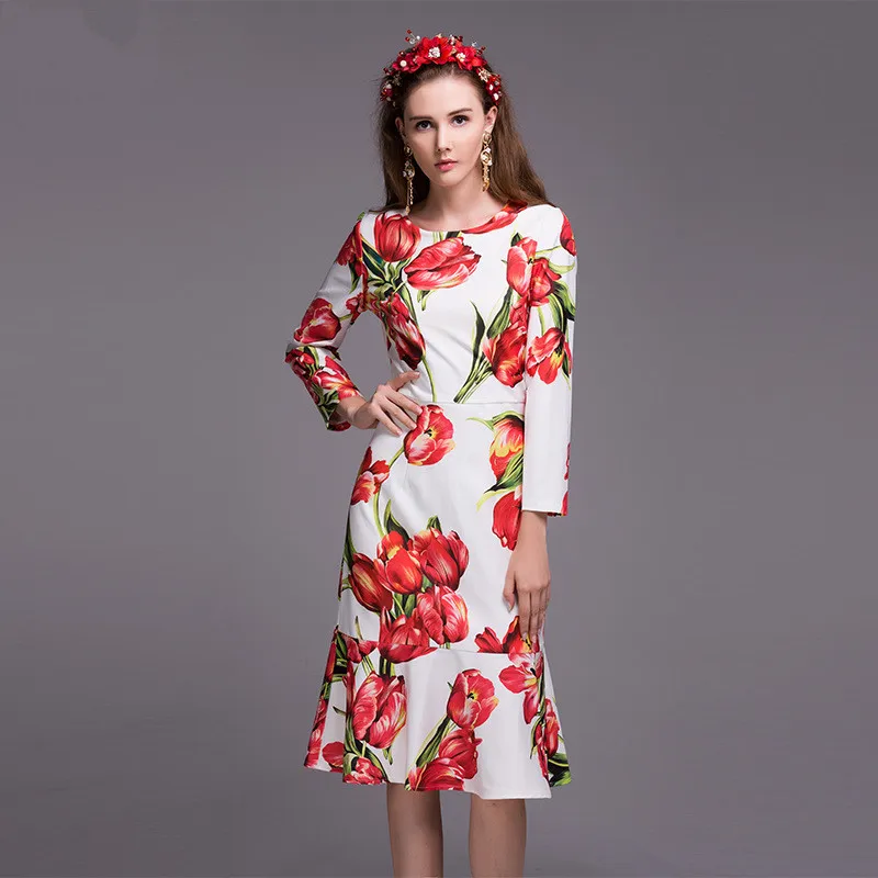 

High Quality Tulip Print Dress 2017 New Spring Fashion Women's Elegant Slim Dress Long Sleeve Knee-Length Mermaid Dress