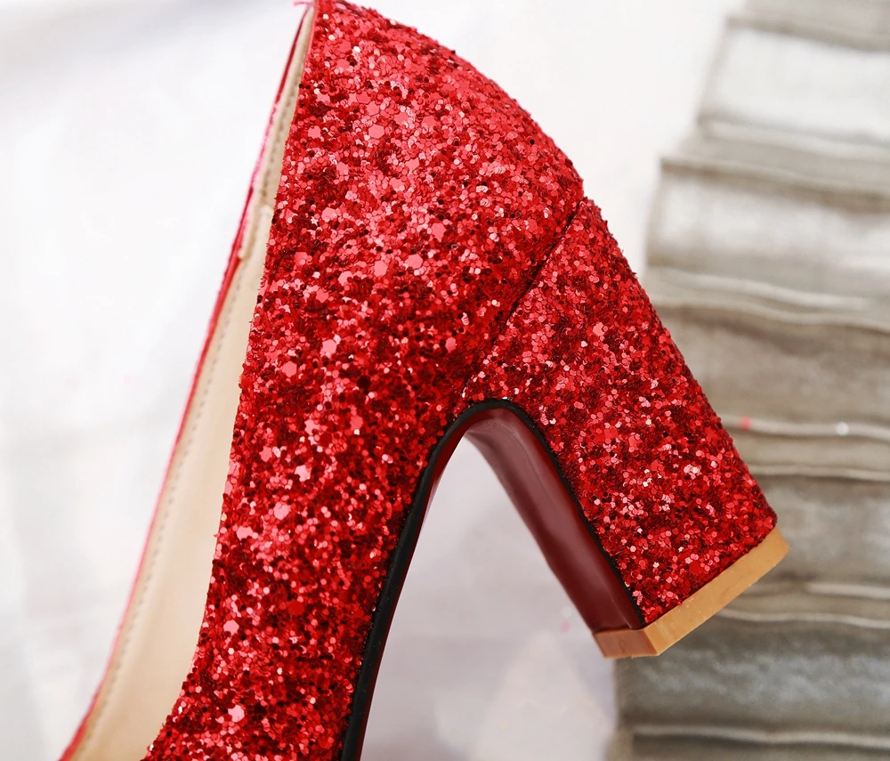 

SIMLOVEYO Round toe Wedding shoes High heels Round toe Shallow Sequiend cloth Square heel 2019 Spring summer Single shoes Casual