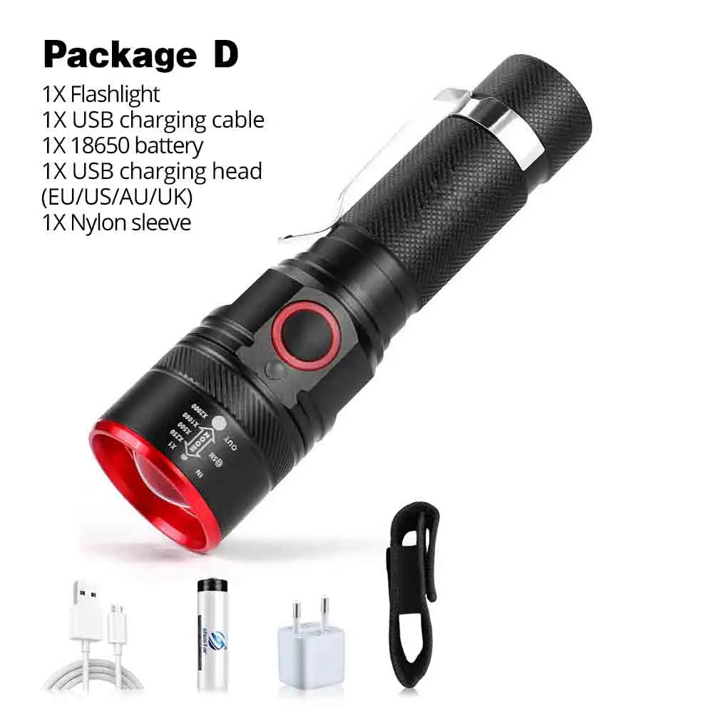 Package D USB аккумуляторные велосипедные фары T6 светодиодный фонарик 3 режима освещения с подсветкой Питание от аккумулятора 18650 Фонар - Цвет: Package D