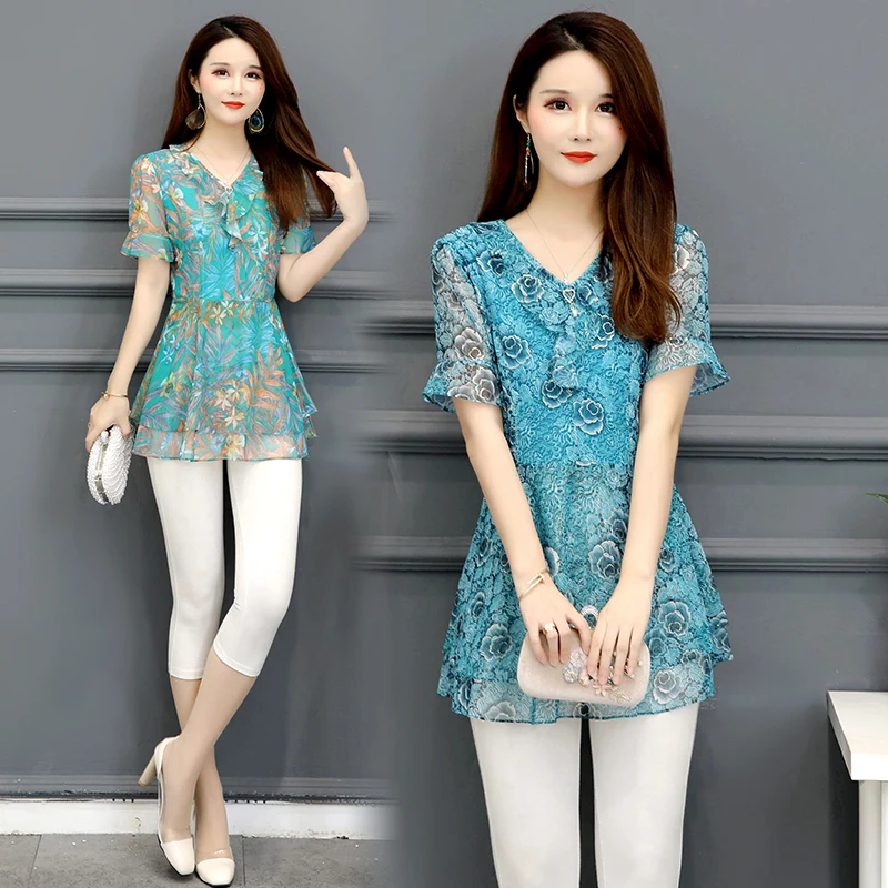 Chiffon Blouse Shirts Women Summer Flare Sleeve Cute Sweet Office Lady Work Floral Printed Tunic Peplum Top J36 | Женская одежда