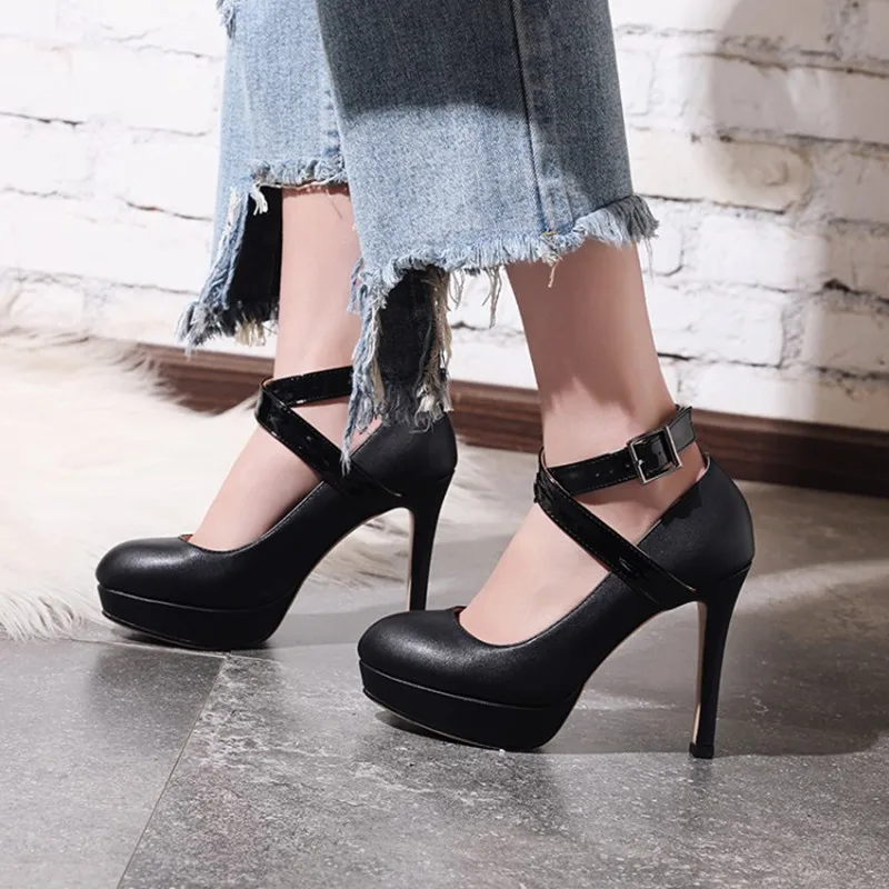 plus size 34-43 Fashion Women Pumps Platform High Heels Stiletto Sexy Evening Cross tied Ankle Strap Wedding Party Punk Shoes