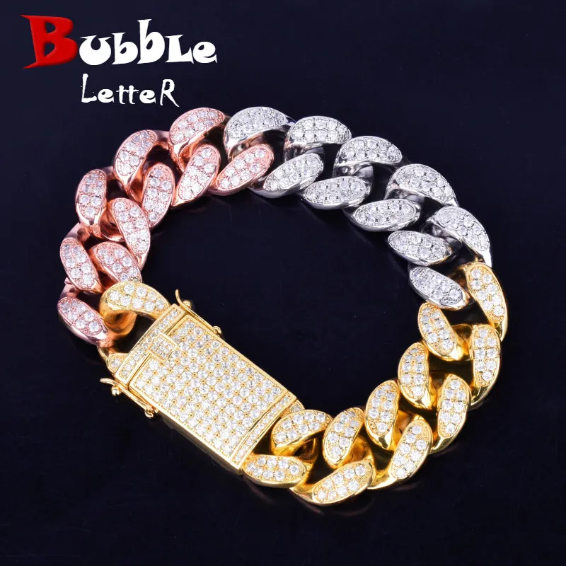 

20mm width Chunky Miami Cuban Chain Bracelet Bling Bling Zirconia Men Hip hop Jewelry Colorful Big Bangle 18cm 20cm