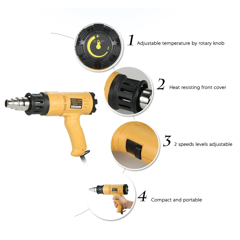 1800W Adjustable Temperature Hot Air Gun Industrial Heat gun Fast Heating Shrink Blower hot soldering tool 4 Nozzle | Инструменты