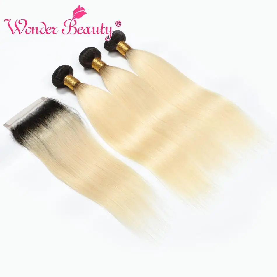 Wonder Beauty 3 пряди с закрытием 2 тона темные корни 1B/613 Омбре блонд перуанские прямые