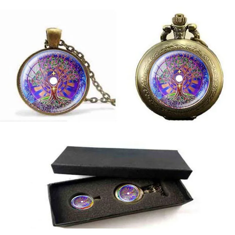 

New fashion vintage colorful life tree mandala necklace & pendants glass cabochon necklace pocket watch with free box