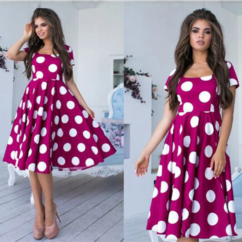 Женское платье с принтом в горошек коротким рукавом и о-вырезом летнее 2019 |